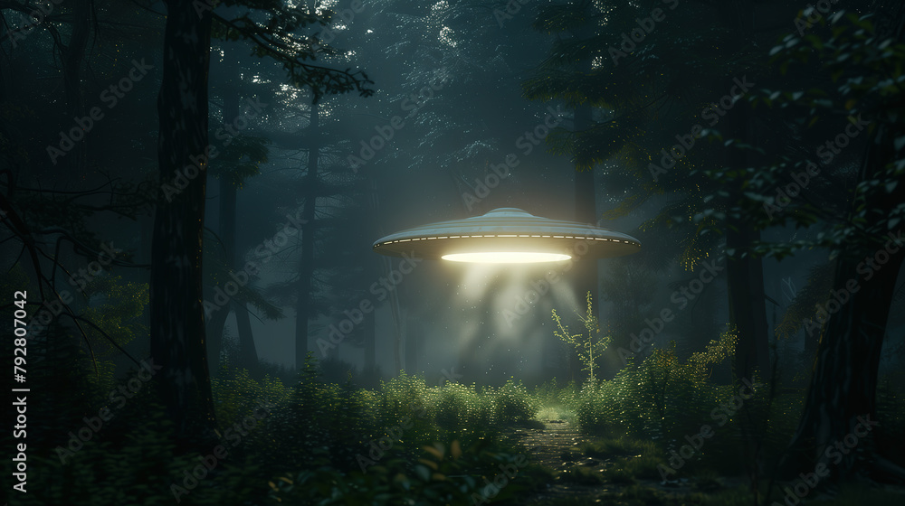 Ufo in the woods with a light beam illuminating the darkness Stock ...