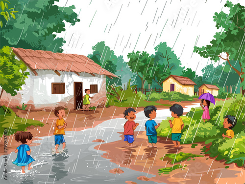 Whispers of Rain: Children's Playful Revelry in a Monsoon-Drenched Village