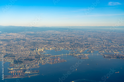 Aerial view of Yokohama City, Kawasaki city and Ota city in sunrise time with blue sky horizon background, Tokyo, Japan