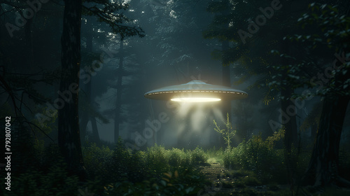 Ufo in the woods with a light beam illuminating the darkness