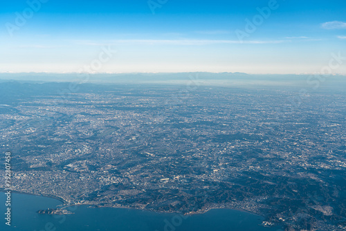 Aerial view of Shonan region in sunrise time with blue sky horizon background, Kanagawa Prefecture, Japan photo