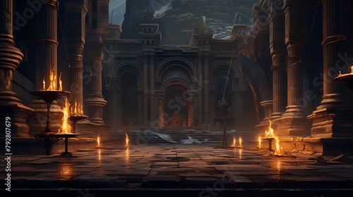 The tension of the bowstring captured in the poised stillness of an arrow, its flight imminent, set against the ominous glow of distant torches in a moonlit castle courtyard