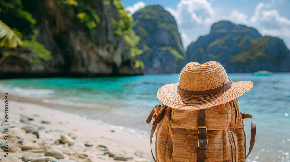 A straw hat is sitting on a backpack on a beach