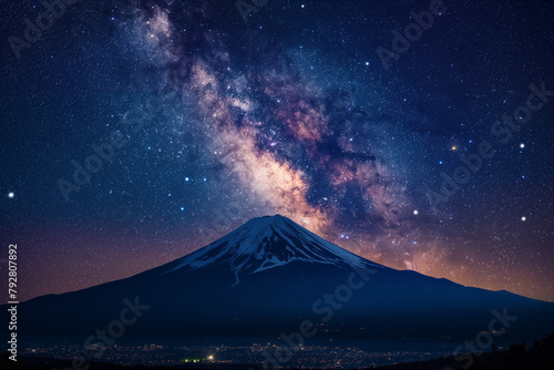 The breathtaking Milky Way stretches across the night sky, mirrored perfectly in the tranquil waters at the base of a snow-capped mountain.