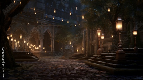 The tension of the bowstring captured in the poised stillness of an arrow, its flight imminent, set against the soft glow of lanterns lining the path of a castle courtyard at dusk