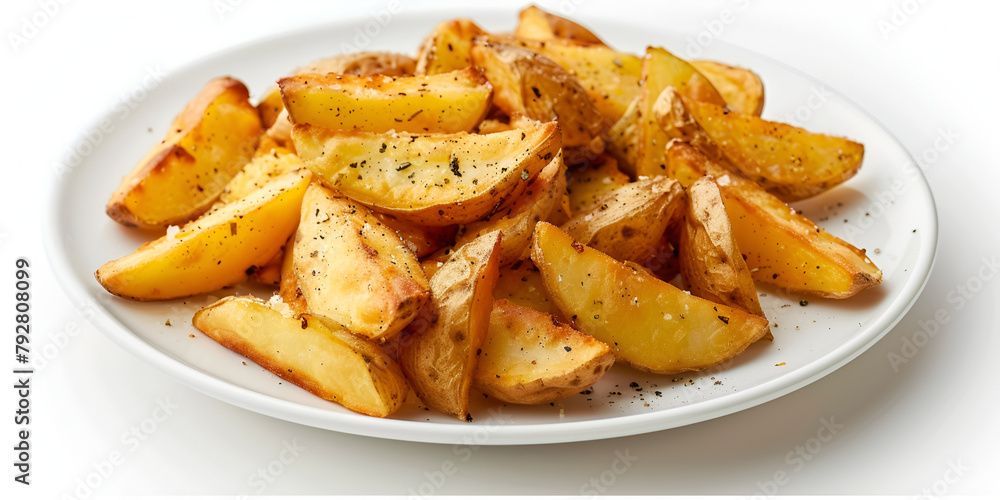 Fried potato wedges in a plate with white background