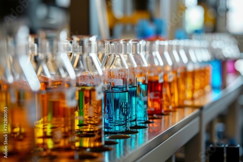 A row of colorful bottles on a table