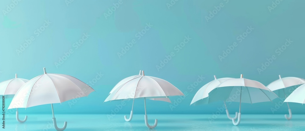 An umbrella that is unique from the others on a pastel blue background. 3D concept. An umbrella that is unique from the others on a pastel blue background. 3D concept.
