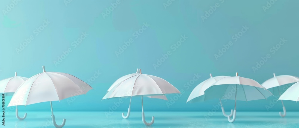 An umbrella that is unique from the others on a pastel blue background. 3D concept.