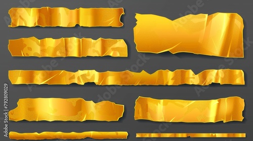 Golden adhesive tape pieces isolated on transparent background. Modern illustration of shimmering yellow tape with uneven edges and wrinkled surface. Foil or paper scotch tape.