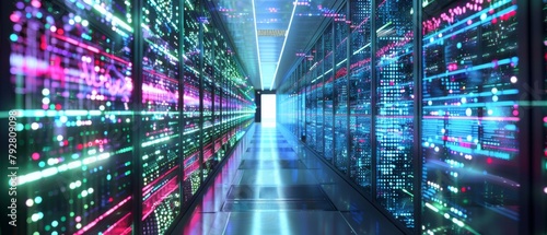 In a working data center with rack servers and supercomputers, a long corridor is adorned with high-speed internet projections.