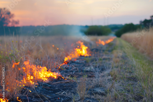 Controlled burn of grassland at dusk to prevent wildfires. photo