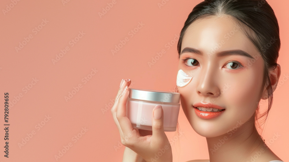 Image features a beautiful woman showcasing cream in a jar, with the product applied under her eye on a coral background Image features a beautiful woman showcasing cream in a jar, with the product applied under her eye on a coral background