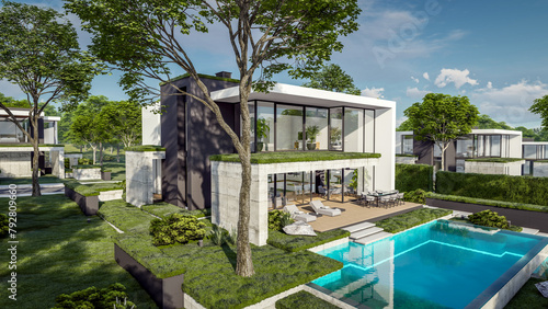3d rendering of flat roof house with parking and pool for sale or rent with concrete facade and beautiful landscaping on background. Clear sunny summer day with blue sky.