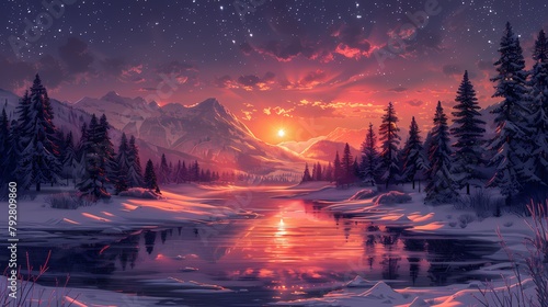 A snowy Merry Christmas background with a peaceful winter scene, featuring snow-covered mountains, a frozen river, and a bright starry sky. photo