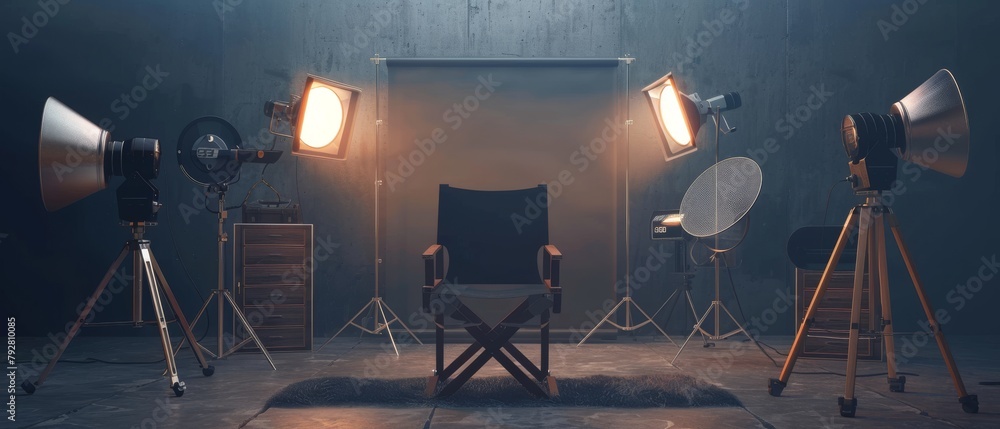 In the background is the director's chair, a megaphone, a movie clapper, and lighting equipment in 3D.