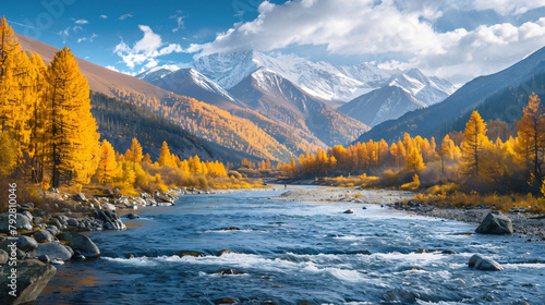Chuya river with yellow autumn trees Altai mountain
