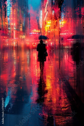 A person walking down a street with lights reflecting off of them, AI © starush