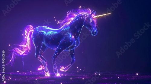 Electrifying Blue Unicorn with Glowing Golden Accents Against Vibrant Purple Backdrop