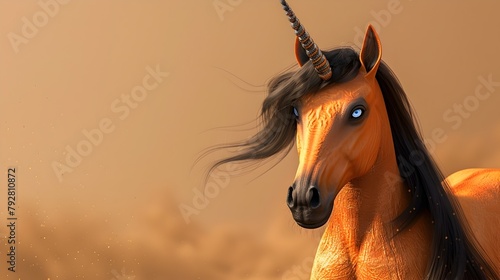 Majestic Fiery Orange Unicorn with Striking Blue Eyes Isolated on Warm Beige Background