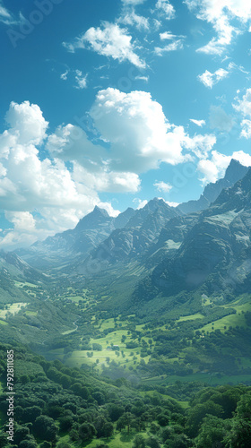 A mountain range with a clear blue sky and clouds. The mountains are covered in trees and grass