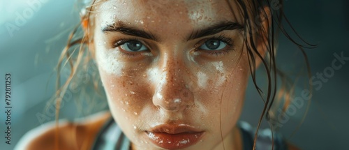 This close-up shot shows a beautiful athletic woman looking into the camera after undergoing intensive cross-fit exercises.