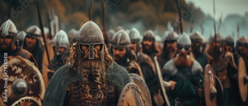 The advance of a Viking army during a medieval reenactment. photo