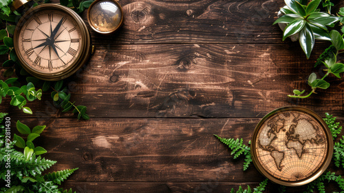 A wooden background with a compass and a world map