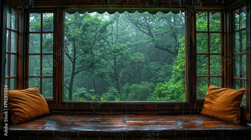 window overlooking forest in the rain