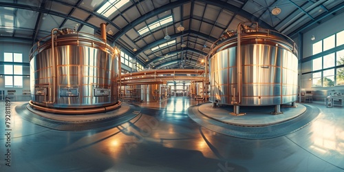 Shiny steel fermentation tanks in an industrial beer brewing room with a high ceiling and sunlight photo