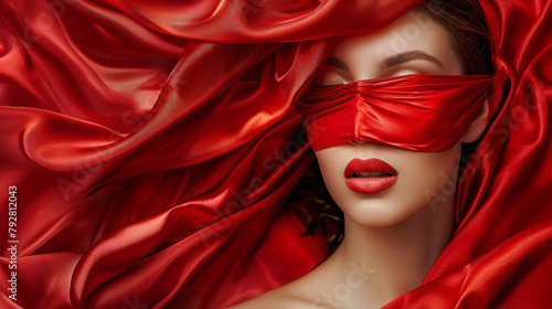 Woman Fantasy Fashion Model with Red Blindfold Silk