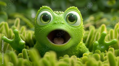A close up of a green frog with its mouth open, AI