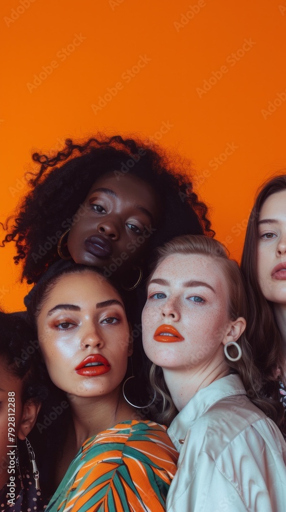 Fototapeta premium A group of women are posing for a photo, with one woman wearing a green