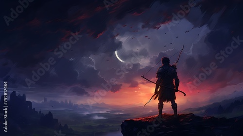 A lone arrow  its purpose defined by the archer s intent  poised for release  set against the ominous glow of distant thunderclouds in a stormy night sky