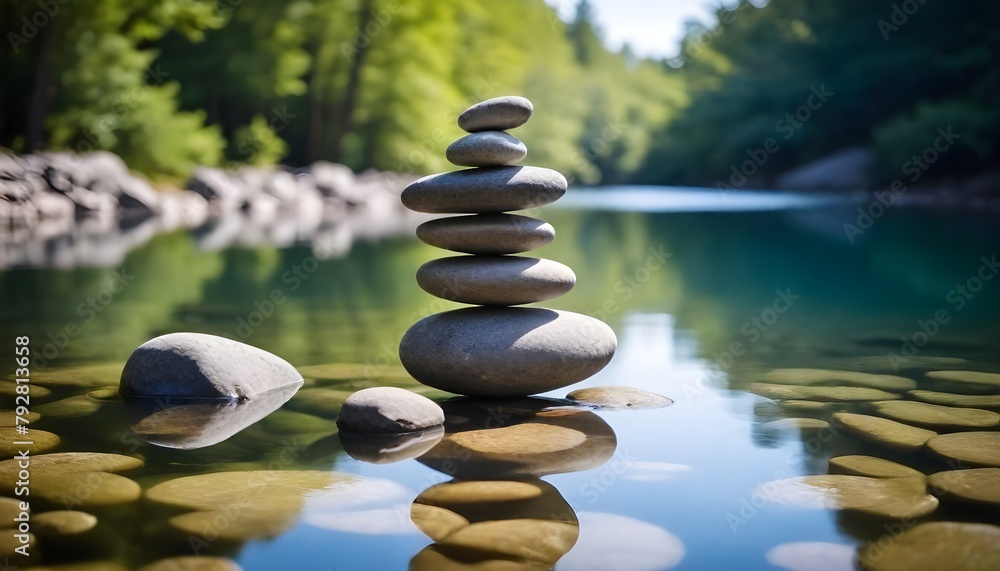 A stack of smooth river rocks balanced on top of each other in a serene pond, with the water reflecting the surrounding trees and sky - obrazy, fototapety, plakaty 