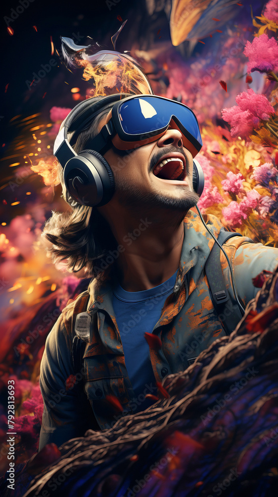 Immersive Gaming Adventure: A person wearing a VR headset and controllers, fully engaged in an immersive gaming experience, surrounded by virtual elements. Immersive Gaming Adventure: A person wearing a VR headset and controllers, fully engaged in an immersive gaming experience, surrounded by virtual elements.