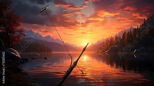 A solitary arrow, its flight path a testament to the archer's focus and unwavering determination, standing out against the vibrant colors of a sunset reflected in the calm waters of a mountain lake © pipo