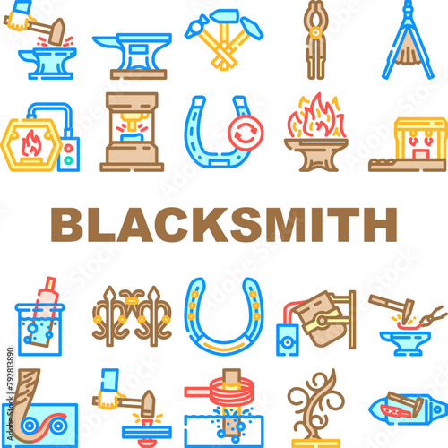 blacksmith forge anvil work icons set vector. sword hammer, smith strike, iron industry, medieval metal, hard old, welding blacksmith forge anvil work color line illustrations