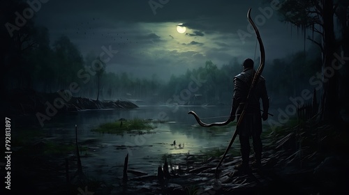 A solitary arrow, its flight path a testament to the archer's focus and unwavering determination, standing out against the murky depths of a moonlit swamp photo