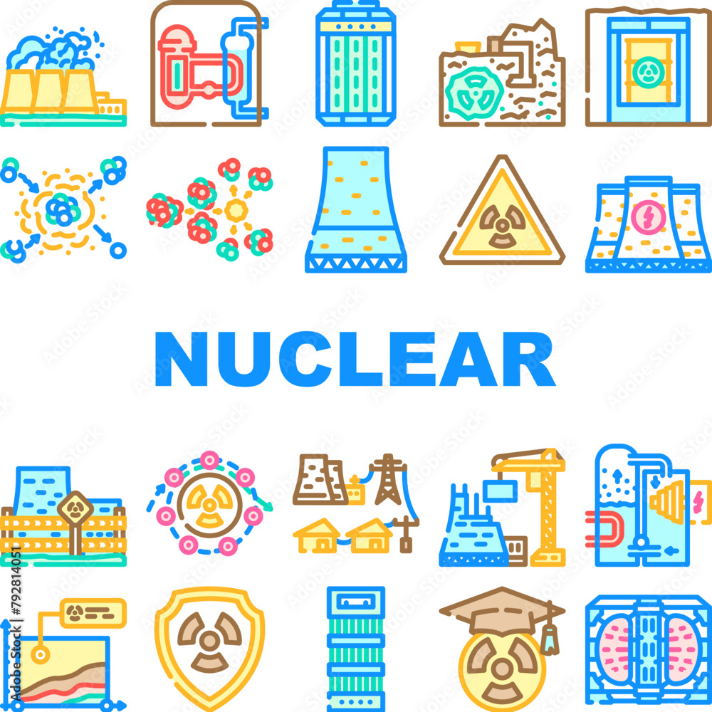 nuclear energy engineer atom icons set vector. power future, plant safety, radioactive physics, uranium stroke control, electricity nuclear energy engineer atom color line illustrations