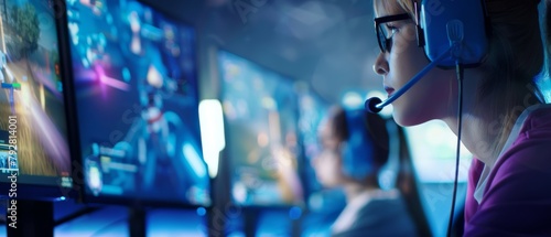 Gamer Girl Playing An Online First-Person Shooter Game. Casual Cute Geek Wearing Glasses and Talking Into Headset. Cyber eSport. photo