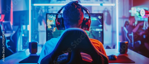 This picture depicts a professional gamer playing a First-Person Shooter online video game on his personal computer in a retro arcade style lit by neon lights. This is the finals of an online