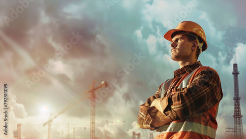 A man in a hard hat stands in front of a construction site, the sky is cloudy and the sun is shining through the clouds