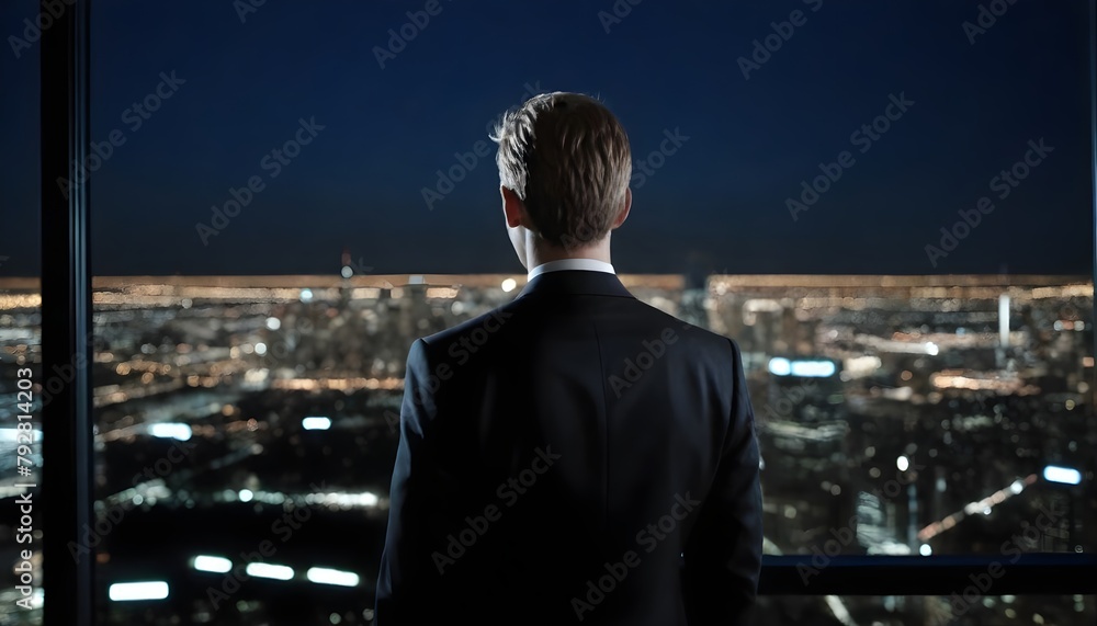 A young Caucasian businessman in a suit standing in front of a large window overlooking a modern city skyline at night - obrazy, fototapety, plakaty 