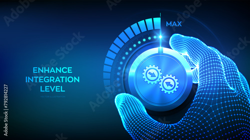 Integration data system. System Integration. Industrial and smart technology. Business and automation solutions. Wireframe hand turning a test knob to the maximum position. Vector illustration.
