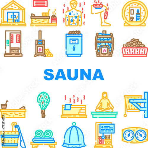 sauna steam spa health icons set vector. room accessories, relax heater, stone luxury, towel stroke, candle thermal, bath sauna steam spa health color line illustrations