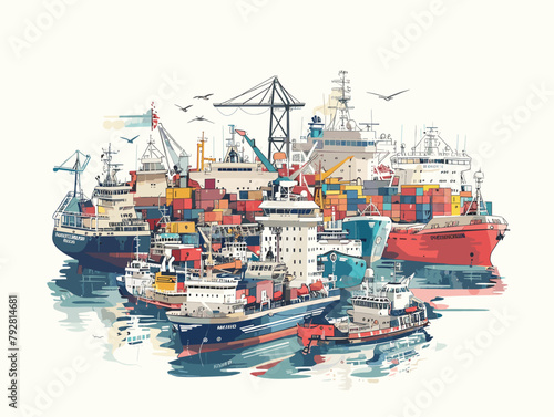 Animated American Trade and Industry Portbustling harbor teems with cargo ships and fishing boats a vital hub for American trade and industry.