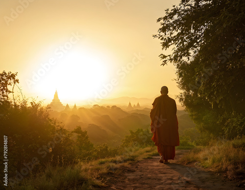 Sunset Serenity  Monk Facing the Setting Sun amidst Temples and Buddhas in the Landscape