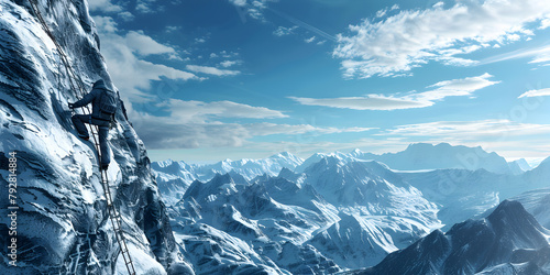 Digital Art Illustration of Adventurer stand atop snow mountain, Mountaintop Triumph