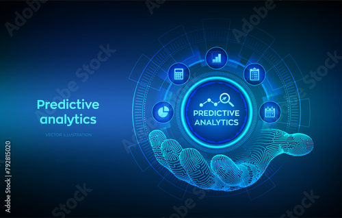 Predictive analytics icon in wireframe hand. Big Data analysis. Business intelligence technology concept on virtual screen. Machine learning. AI. Vector illustration.
